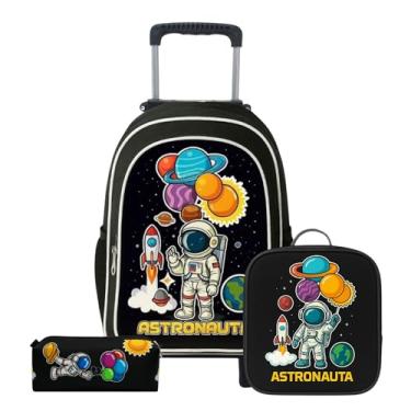 Imagem de Kit Mochila de Rodinha Escolar Infantil Menina e Menino + Lancheira + Estojo Grande Box Necessaire (Astronauta 2)