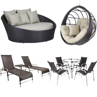 Imagem de  Kit 4 Cadeiras E Mesa, 2 Espreguiçadeiras, 1 Balanço Ninho E 1 Chaise Em Alumínio Trama
