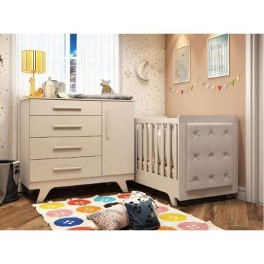Imagem de Conjunto Para Quarto De Bebê Com Cômoda 1 Porta 4 Gavetas E Berço Com Capitone Retrô Móveis Peroba Branco