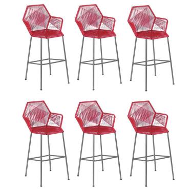 Imagem de Kit 06 Banqueta Alta Com Encosto Sttar Cozinha Balcão Ferro Cinza Fibra Vermelho - Amey Decor