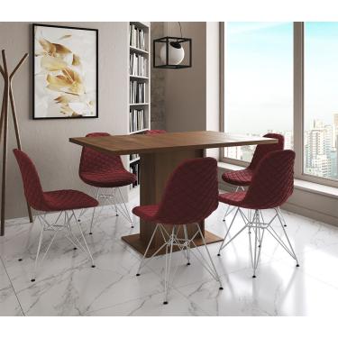 Imagem de Mesa Jantar Londres Retangular Amêndoa 137X90Cm 6 Cadeiras Estofadas Vermelho Ferro Branco