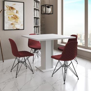 Imagem de Mesa Jantar Londres Quadrada Branca 90Cm 4 Cadeiras Estofadas Vermelho Eames Ferro Preto