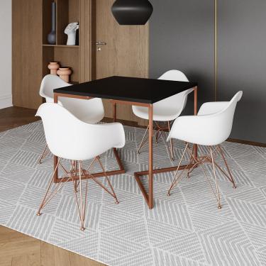 Imagem de Mesa Jantar Industrial Preta 90Cm Quadrada Base Cobre V Com 4 Poltronas Brancas Pés Cob Cor: Preto
