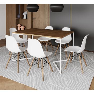 Imagem de Mesa Jantar Industrial Retangular Amêndoa 137X90Cm Base V Ferro Branco C/6 Cadeiras Branca M Amendoa