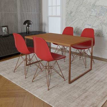 Imagem de Mesa Industrial Base Ferro Cobre Tampo 137X90 Canela 4 Cadeiras Ferro Cobre Assento Vermelho Marrom