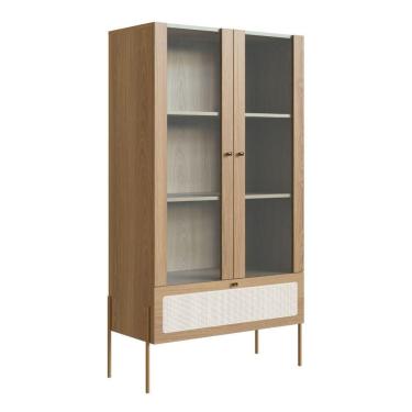 Imagem de Cristaleira 2 Portas Oslo Artesano 83 Cm Largura Mdp Hanover Palha Sintética Bege E Pés Metal Dourado