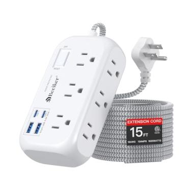 Imagem de Beeiker Filtro De Linha Com 4 Usb (2 C) E Protetor Contra Surtos - Cabo Extensão 4,5 M 6 Tomadas Interruptor, Estação Carregamento Mesa Plugue Plano, Suporte Parede Trançado Longo Para Escritório Em