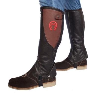 Imagem de perneira de vaqueta protetora cavalgada bordado vermelho mangalarga di