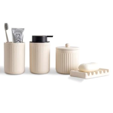 Imagem de Agyiuns Conjunto De Acessórios Cerâmica Para Banheiro, Dispensador Sabonete Líquido E Porta-Escovas Dentes, Prato, Potes Boticário, Decoração Rústica Fazenda, Casa (Líquido Bege)