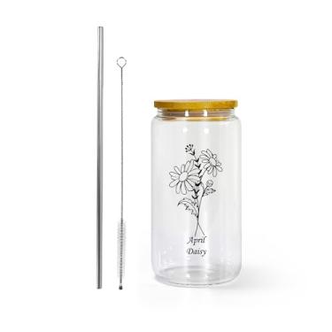 Imagem de AGH Presentes lata de vidro transparente para homens e mulheres, copo de vidro de 473 ml com tampas Banboo e canudo, copo de vidro de margarida de abril para Ice Coffe Smoothie Whiskey Boba Soda Tea