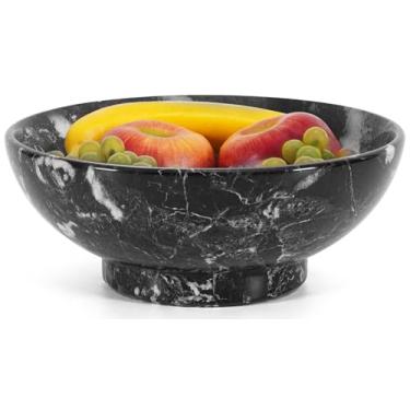 Imagem de Tigela de frutas de mármore, 25 cm, preta, feita à mão, grandes tigelas decorativas para acessórios de bancada de cozinha e decoração de casa - suporte para tigela de frutas para entrada, balcão de