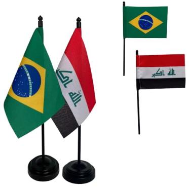 Imagem de Kit Bandeiras de Mesa Brasil e Iraque, Base e Haste em Plástico Preto, Tecido Oxford, Uma Face
