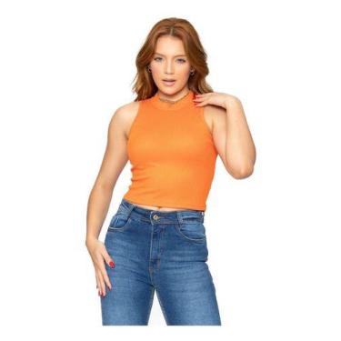 Imagem de Cropped Regata Adamas Gola alta malha canelada, Laranja, M