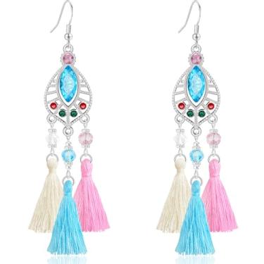 Imagem de Ricarmo Brincos femininos estilo nacional boêmio, strass, vazados, leves, pendentes, tecido de cristal, franja, gancho, para mulheres, 2.44inch, Metal, Sem pedra preciosa