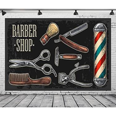 Imagem de CORFOTO Ferramentas de barbearia vintage, tecido de pano de fundo, 2,1 x 1,5 m, cabeleireiro, barbearia, cabeleireiro, escova de barbear, tesoura de fundo para decoração de festa temática de barbeiro