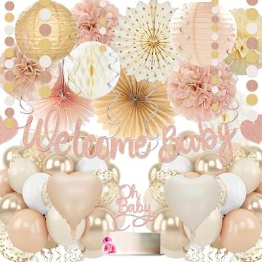 Imagem de Champagne-Gold Baby Shower Decorations For Girl,65pcs Beige Fall Boho Party Décor with Netural Balloon,Welcome Banner,Sweet Peach Paper Fan Lanterns Pom Poms,Baby-Girl Party Favors Rustic Backdrop
