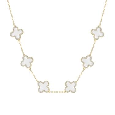 Imagem de Qitian Colar de trevo feminino, ouro 18K, quatro folhas, rosa, trevo da sorte, conjunto de colares modernos, joias e presentes para mulheres, 0.59, Aço inoxidável, Zircônia cúbica