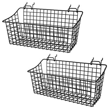 Imagem de Pacote com 2 cestas de pegboard, ganchos de prateleiras de metal preto para 3 mm e 6 mm (1/8" e 1/4"), conjunto de cestos para placa de estacas – Acessórios de organizador de parede para bancada de ferramentas (39,6 x 11,4 x 17,5 cm)