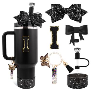 Imagem de Lingdeer Conjunto de acessórios de copo preto para Stanley 850 g e copo de 1,134 g com alça, pingentes de letras, capas de canudo de arco e diamante, bota de silicone com glitter, adesivo
