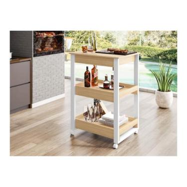 Imagem de Carrinho Aparador Gourmet Bar Multiuso com Rodízios - Branco/Madeirado