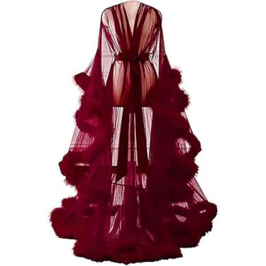 Imagem de Lingerie Feminina Robe Plus Size Lingerie Sexy Robe Mesh Sheer Lace Nightwear Mangas Queimadas Roupão Com Guarnição De Penas Tule Lotus Leaf Manga Comprida, K, One Size