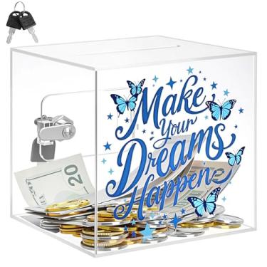 Imagem de Honeydak Make Your Dreams Happen Fund Cofrinho transparente com fechadura e chave caixa de acrílico transparente para economizar dinheiro para dinheiro real