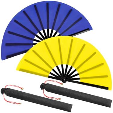 Imagem de Maitys 2 pacotes de leques grandes de palmas para dança em linha, grandes ventiladores chineses dobráveis para homens e mulheres, festivais, tai ji, kungfu, artes marciais, presentes (amarelo e azul)