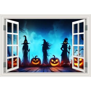 Imagem de Decalques de parede de janela falsa Halloween abóbora terror fantasmas assustadores mural arte de parede falso janela pôster arte de parede aberta, para decoração de quarto escritório cole e descasque