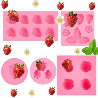 Imagem de AFINSEA 5 peças de silicone para assar morango, molde de silicone, flor 3D, morango, silicone, forma de fruta, molde de pastelaria para sabonete, chocolate, fondant, resina, cupcake, decoração de bolo