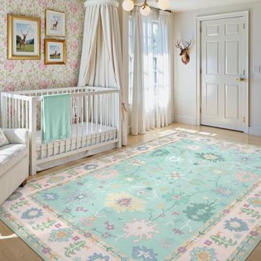 Imagem de LIVEBOX Tapete Oushak lavável, tapete antiderrapante para quarto, tapete boho floral rosa turco, tapete vintage, tapete pastel macio para sala de estar, decoração de quarto de bebê infantil