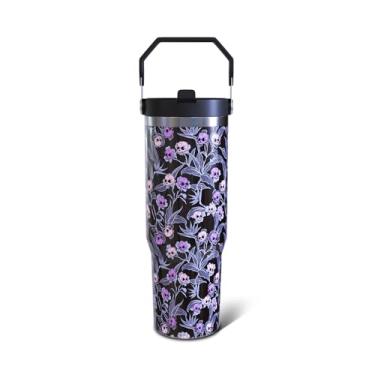 Imagem de Aokoyi Copo de presente de caveira de Halloween de 850 g para mulheres e homens, copo isolado de aço inoxidável com caveira gótica roxa, alça superior e canudo flip caneca de garrafa de água