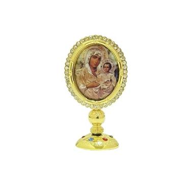 Imagem de RZRHMUHN Ornamento de ícone ortodoxo, decoração de painel de carro ortodoxo, revestimento de ouro de liga de zinco, altar de igreja, cerimônia religiosa, decoração de carro (D)