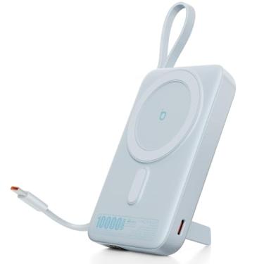 Imagem de Basike Carregador Portátil Indução, Power Bank 10000mAh com Suporte Integrado, Ultrafino e Portátil, Carregamento Rápido Sem Fio 15W(MAX) + Cabo Tipo C 22.5W(MAX) Compatível com MagSafe (Azul)