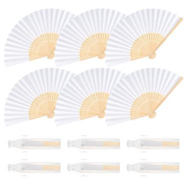 Imagem de BOUBONI 6 peças de leques dobráveis de bambu brancos de mão, ventiladores de papel dobráveis portáteis para mulheres, meninas, casamento, decoração faça-você-mesmo, igreja, casa, lembrancinhas de