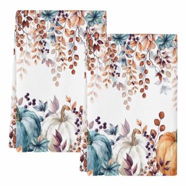 Imagem de Toalhas de cozinha de outono, abóbora, azul, branco, laranja, dia de Ação de Graças, toalhas de prato de mão absorventes de secagem rápida, toalha de chá de microfibra folhas de eucalipto, decoração