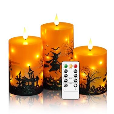 Imagem de Sasigeiaa Velas sem chama de Halloween com controle remoto – Velas de LED laranja e cordão de luzes, conjunto de 3 pilhas (D3 x H4/12.7 cm/15.2 cm) para decoração de janela, decoração de Halloween