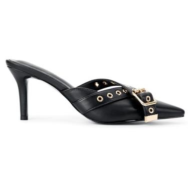 Imagem de Gothictor Sapato social feminino Mule Kitten salto fino bico fechado sexy fivela stiletto slip on, Preto, 38