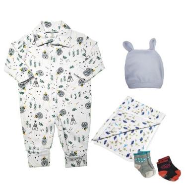 Imagem de Kit Roupa de Bebê 5 Peças Macacão Touca Cueiro e Meias Bebê - Koala Ba