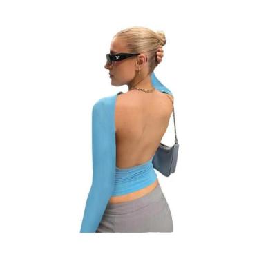 Imagem de Top Cropped Azul Sem Costas Y2K Feminino Manga Curta Casual Vintage Co