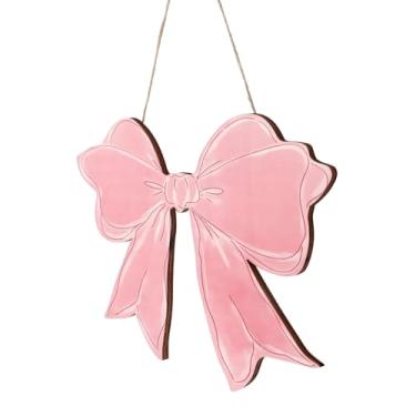 Imagem de lasuroa Placa de Madeira para Pendurar com Laço Rosa, Placa de Boas Vindas com Laço Estético 28,9x30x0,6cm Decoração Parede Madeira Corda Juta para Meninas Dormitórios Universitários Apartamentos