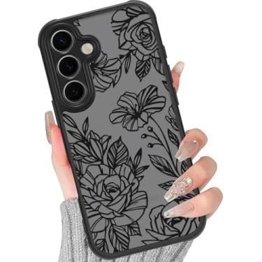 Imagem de Yomjew Lindas Linhas Pretas Flor Capa de Telefone para Samsung Galaxy S24 Plus 5G Feminino Capa Feminina 17.0 cm, Estampa Floral Estética Design Translúcido Fosco Capa Silicone Rígido PC Proteção
