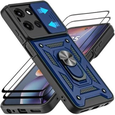 Imagem de AKINIK Capa para Motorola Moto G 5G 2025, com protetor de tela de vidro temperado [2 peças] e capa deslizante para câmera, suporte de anel de rotação de 360° [grau militar] capa (azul)