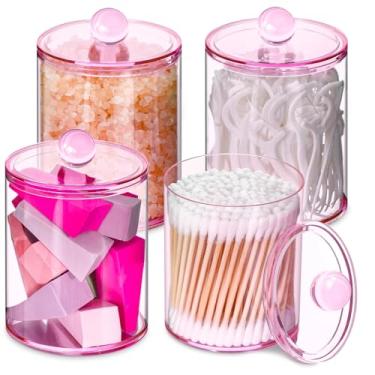 Imagem de XIPENGKEJI Pacote com 4 suportes Qtip, conjunto de potes de boticário de boticário, conjunto de potes de banheiro com tampas para cotonetes, bolas, almofadas, palhetas de fio dental, recipientes de