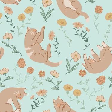 Imagem de VaryStyle Papel de parede de gato dormindo verde/caramelo gatinho fofo papel de parede floral para quarto de crianças berçário vinil removível animal de estimação impressão papel de contato para