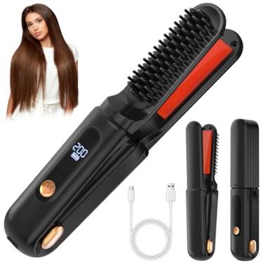 Imagem de Escova alisadora de cabelo sem fio 3 em 1, grampo de pente de alisador de cabelo recarregável sem fio 5000 mAh, alisador portátil de viagem, mini pente de alisamento quente para mulheres, revestimento