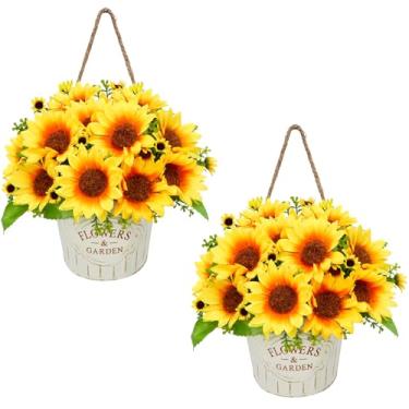 Imagem de Minnhua Conjunto de 2 flores artificiais de girassóis em metal para pendurar na parede, decoração de casa de fazenda, flores de seda, girassóis artificiais, arranjos para varanda, campo, verão, casa