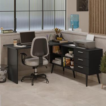 Imagem de Mesa de Escritório em L 3 Gavetas Preto Lisboa Madesa