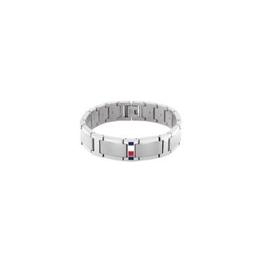 Imagem de Tommy Hilfiger Joias masculinas - Pulseira de corrente de elos - estilo arrojado, fecho dobrável, detalhe de listras esmaltadas - ajustável - acessório de aço inoxidável para ele