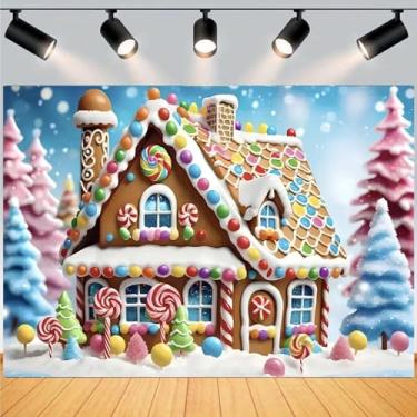 Imagem de Fundo fotográfico de casa de gengibre de Natal com glitter para troca de biscoitos Candyland Winter Floco de neve pano de fundo de bengala doce árvore pirulito faixa infantil chá de bebê recém-nascido
