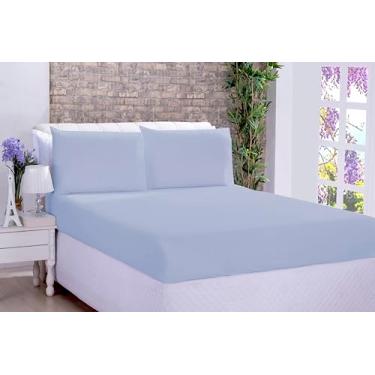 Imagem de Jogo de Lençol 3 Pçs Simples com Elástico Casal Queen Microfibra Liso Azul Bebê